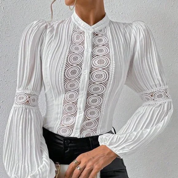 White Lace Button Up Lantern Sleeve Long Blouse - Picture 4 of 4